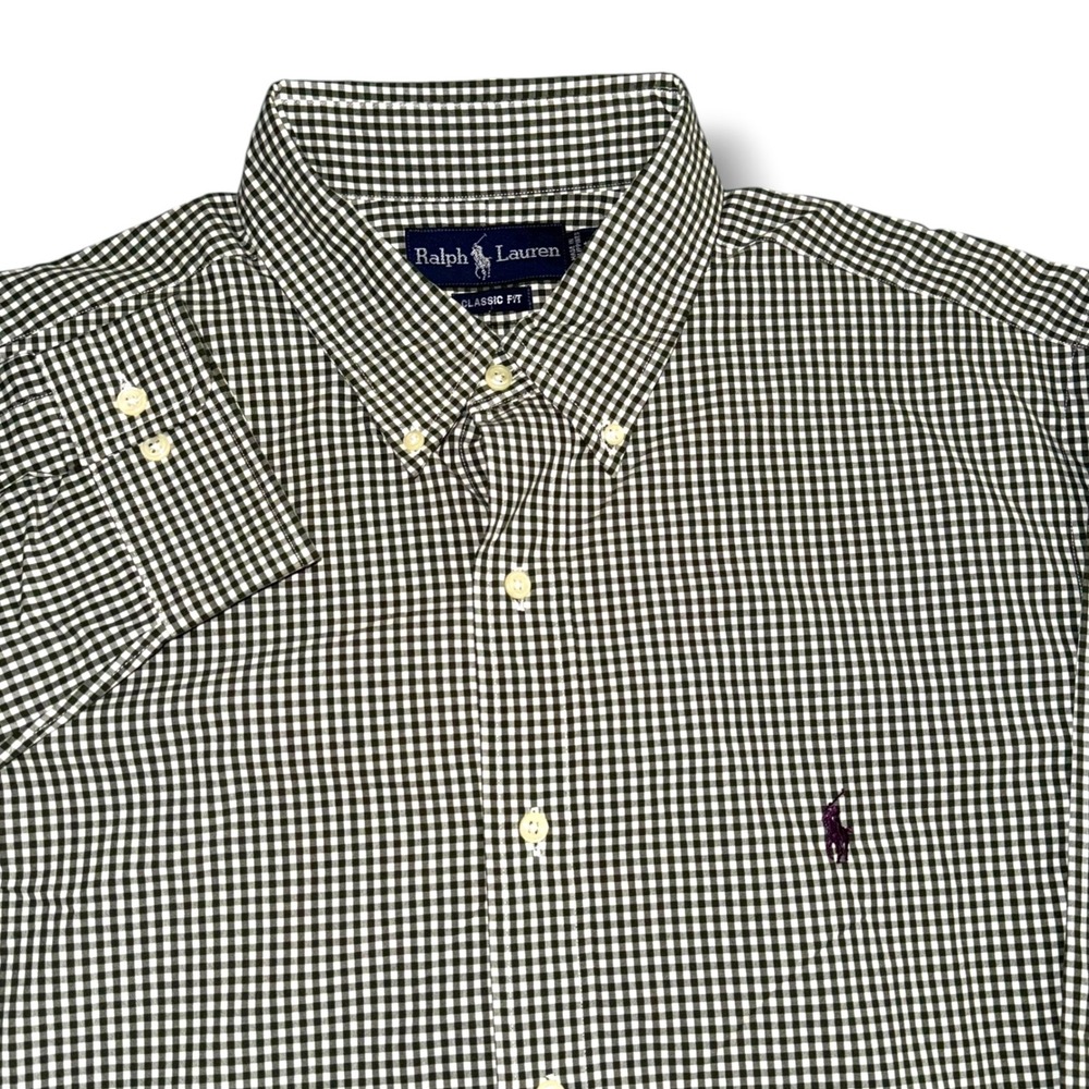 Ralph Lauren Button Down Mens XL Olive Green Gingham Classic Fit Cotton Shirt